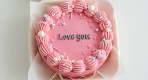 Top-down view of a charming pink homemade bento cake recipe with a Love you message, fluffy piped border, and delightful sprinkles on pink parchment paper.