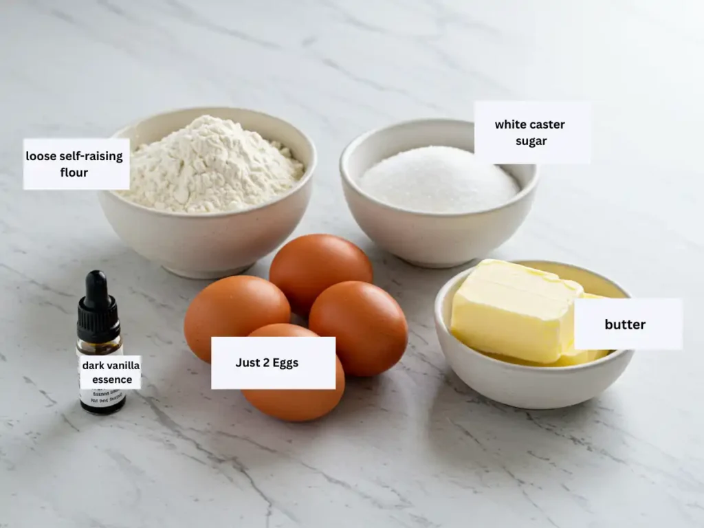 Dreamy Bento Cake Recipe: Simple Fun 2 Simple homemade ingredients like flour, eggs, butter, and sugar arranged on a light grey quartz countertop for a bento cake recipe.