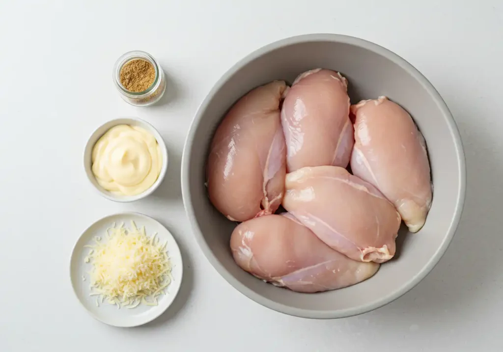Melt-In-Your-Mouth Chicken Made Simple 2 Ingredients for melt-in-your-mouth chicken including chicken breasts, mayonnaise, Parmesan, and spices