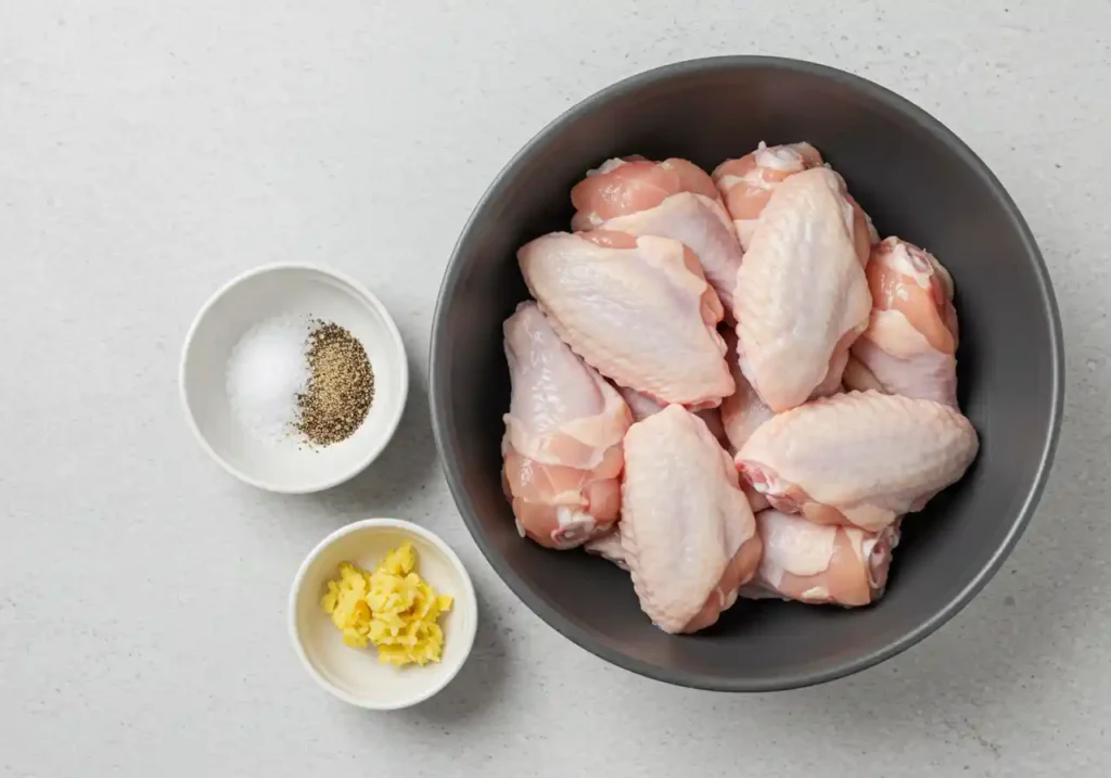 Korean Fried Chicken Recipe: 7 Must-Know Tips for Crispy Skin 2 Close-up of key ingredients for Korean fried chicken: raw chicken wings, kosher salt, black pepper, and freshly minced ginger in bowls.