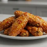 Golden brown crispy Korean fried chicken wings coated in a shiny, sticky glaze and garnished with sesame seeds, served on a white plate.