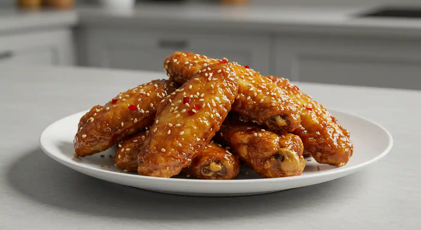 Golden brown crispy Korean fried chicken wings coated in a shiny, sticky glaze and garnished with sesame seeds, served on a white plate.