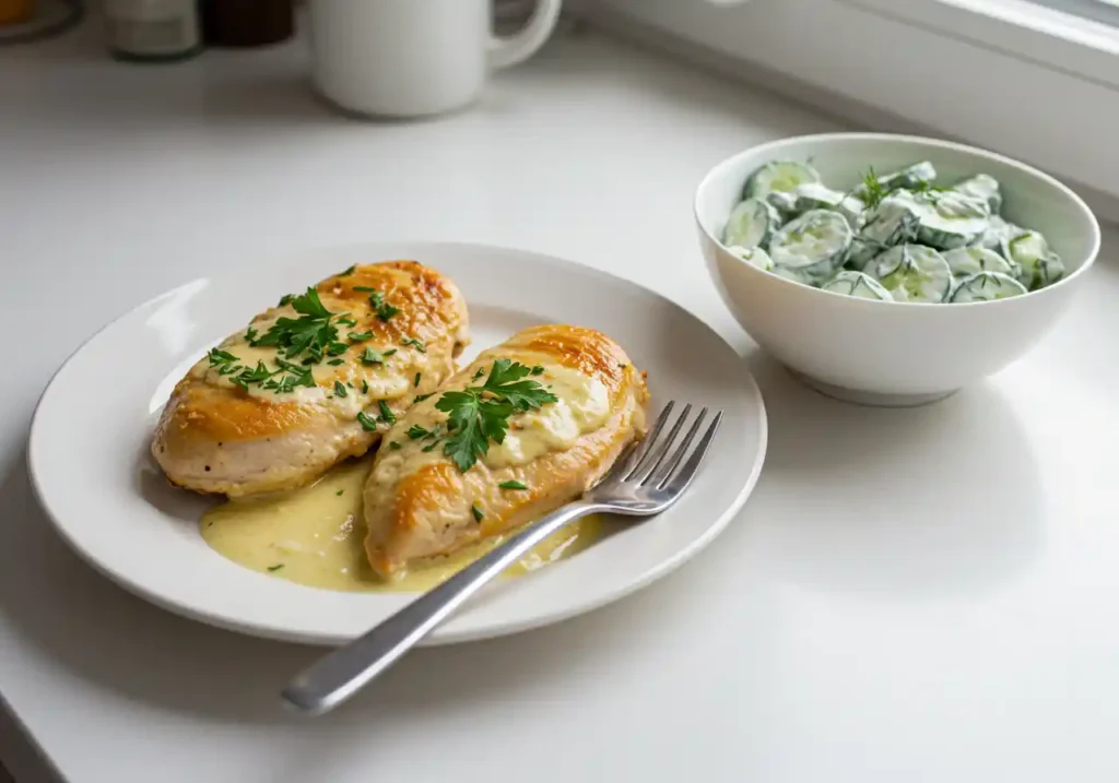 Melt-In-Your-Mouth Chicken Made Simple 3 Melt-in-your-mouth chicken breast served with cucumber dill yogurt salad