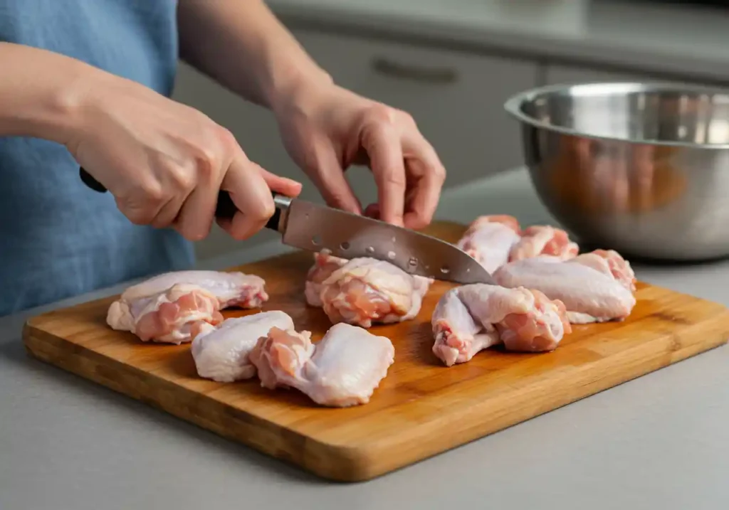 Korean Fried Chicken Recipe: 7 Must-Know Tips for Crispy Skin 3 Close-up of hands cutting chicken wings into halves on a cutting board, preparing for Korean fried chicken recipe.