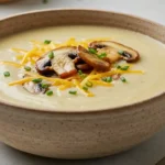 Close-up of creamy potato soup topped with crisped mushrooms, melted cheddar cheese, and chopped chives.