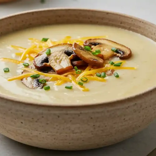 Potato Soup Recipe: 5 Success Tips 5 Close-up of creamy potato soup topped with crisped mushrooms, melted cheddar cheese, and chopped chives.