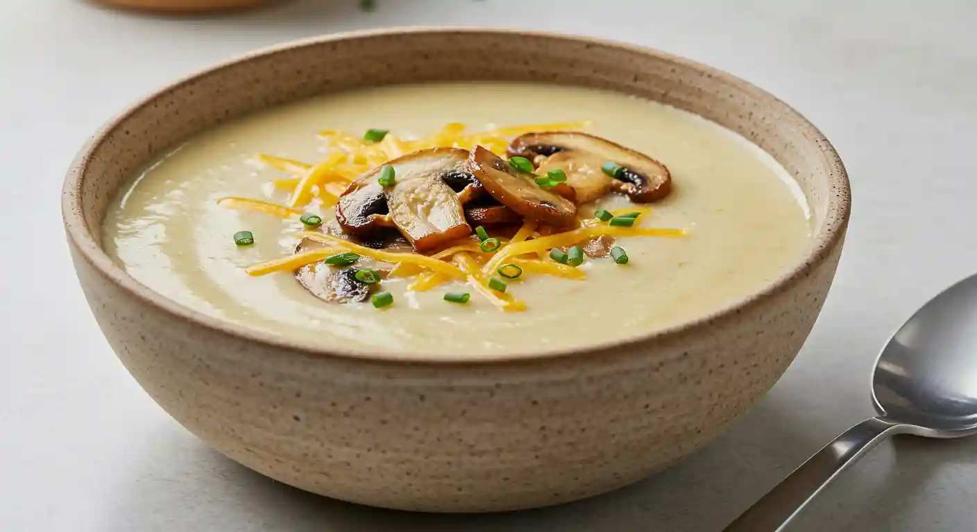 Close-up of creamy potato soup topped with crisped mushrooms, melted cheddar cheese, and chopped chives.
