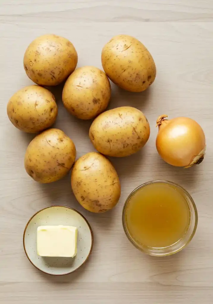 Potato Soup Recipe: 5 Success Tips 2 Key ingredients for creamy potato soup: gold potatoes, butter, onion, and chicken broth on a kitchen countertop
