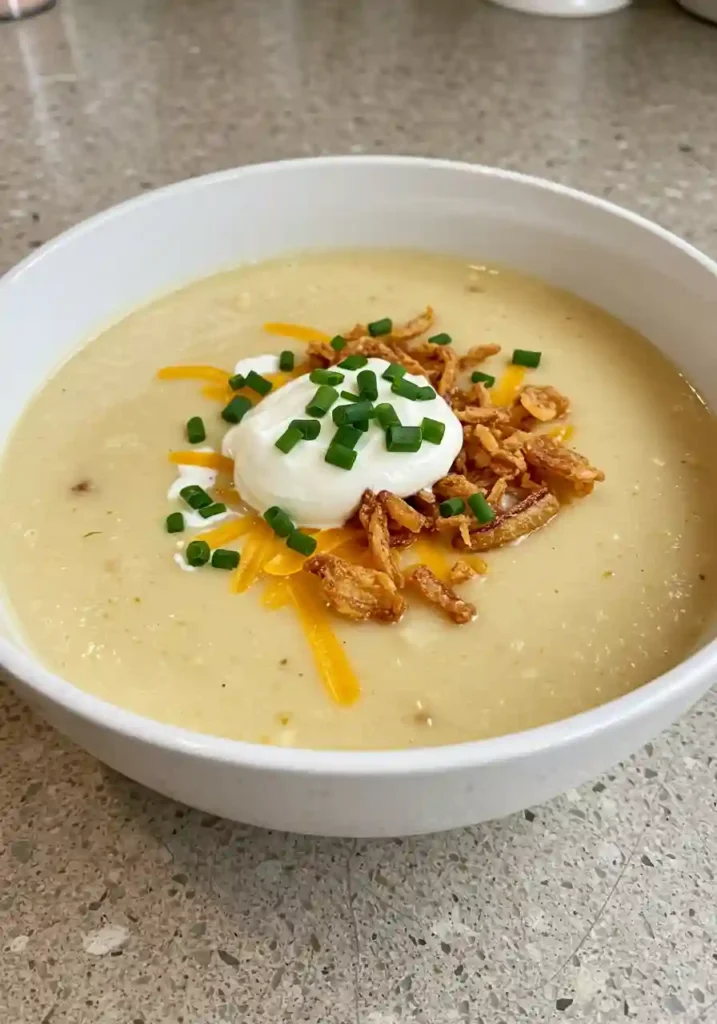 Potato Soup Recipe: 5 Success Tips 3 Loaded potato soup with sour cream, chives, and crispy onions on a kitchen countertop