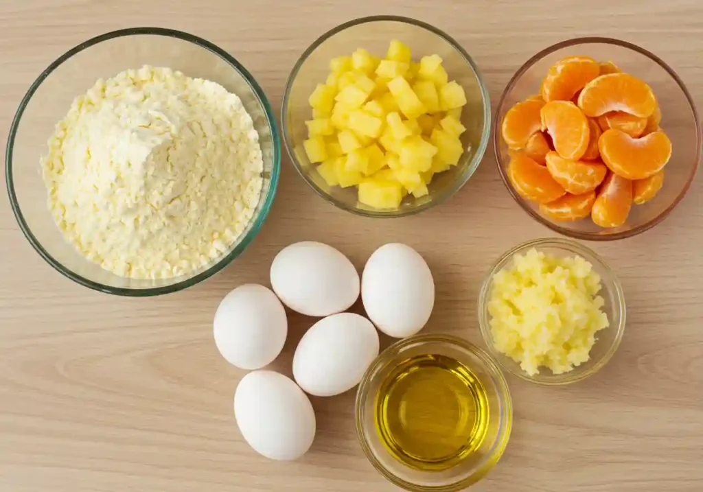 Mandarin Orange Cake: Easy & Moist 2 Ingredients for mandarin orange cake laid out on a clean kitchen counter.