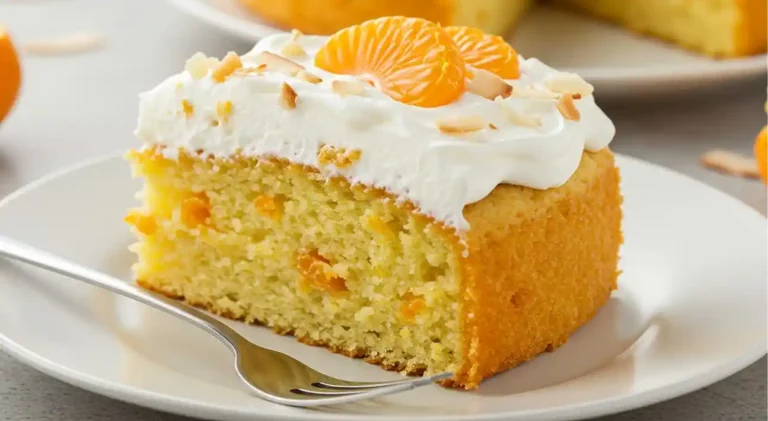 Close-up of a moist mandarin orange cake slice with creamy frosting and orange pieces.