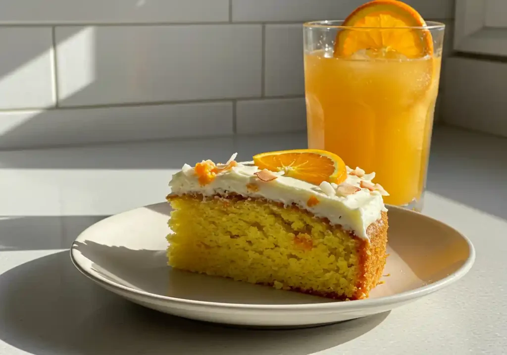 Mandarin Orange Cake: Easy & Moist 3 Mandarin orange cake slice served with a refreshing citrus spritzer.