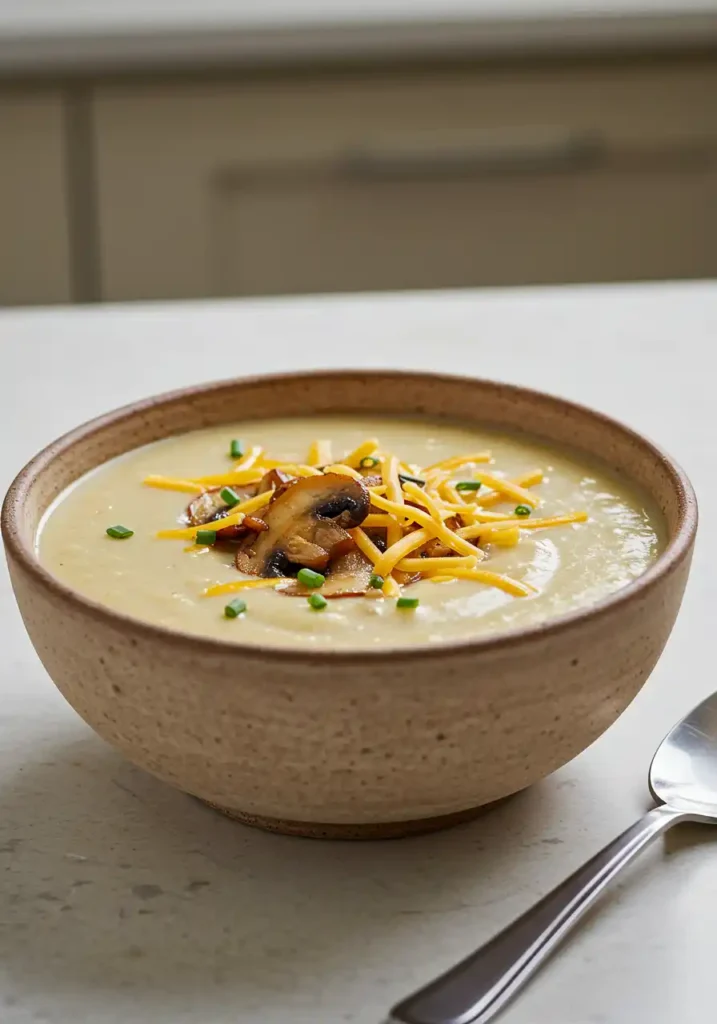 Potato Soup Recipe: 5 Success Tips 4 image of a creamy potato soup topped with crisped mushrooms.