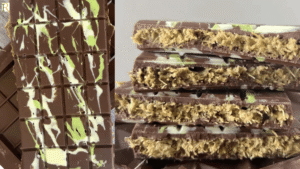Close up of a sliced homemade Quick-Pistachio-Chocolate-Bar-Happy-Treat showing its green pistachio and crunchy golden vermicelli filling, resting on a light grey quartz countertop under natural light.