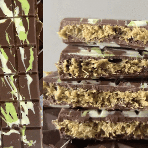 Quick Pistachio Chocolate Bar: Happy Treat! 3 Close up of a sliced homemade Quick-Pistachio-Chocolate-Bar-Happy-Treat showing its green pistachio and crunchy golden vermicelli filling, resting on a light grey quartz countertop under natural light.