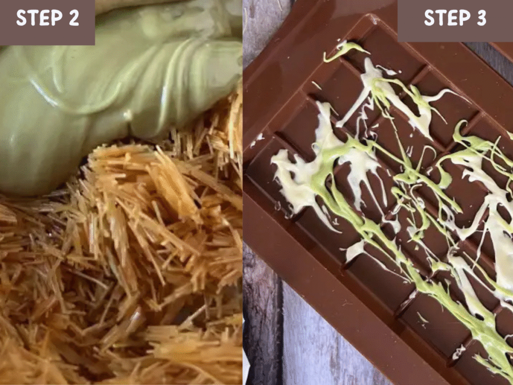 Quick Pistachio Chocolate Bar: Happy Treat! 2 Preparing the Quick-Pistachio-Chocolate-Bar-Happy-Treat: mixing golden vermicelli pistachio filling in a bowl alongside chocolate moulds showing a white and green marble chocolate effect.
