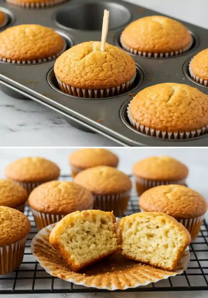 High-Protein cottage cheese banana muffins 5 A two-part image showing the final steps for cottage cheese banana muffins: baked muffins in a tray tested with a toothpick, and the finished muffins cooling on a wire rack.
Title: Baking and Cooling the Cottage Cheese Banana Muffins
