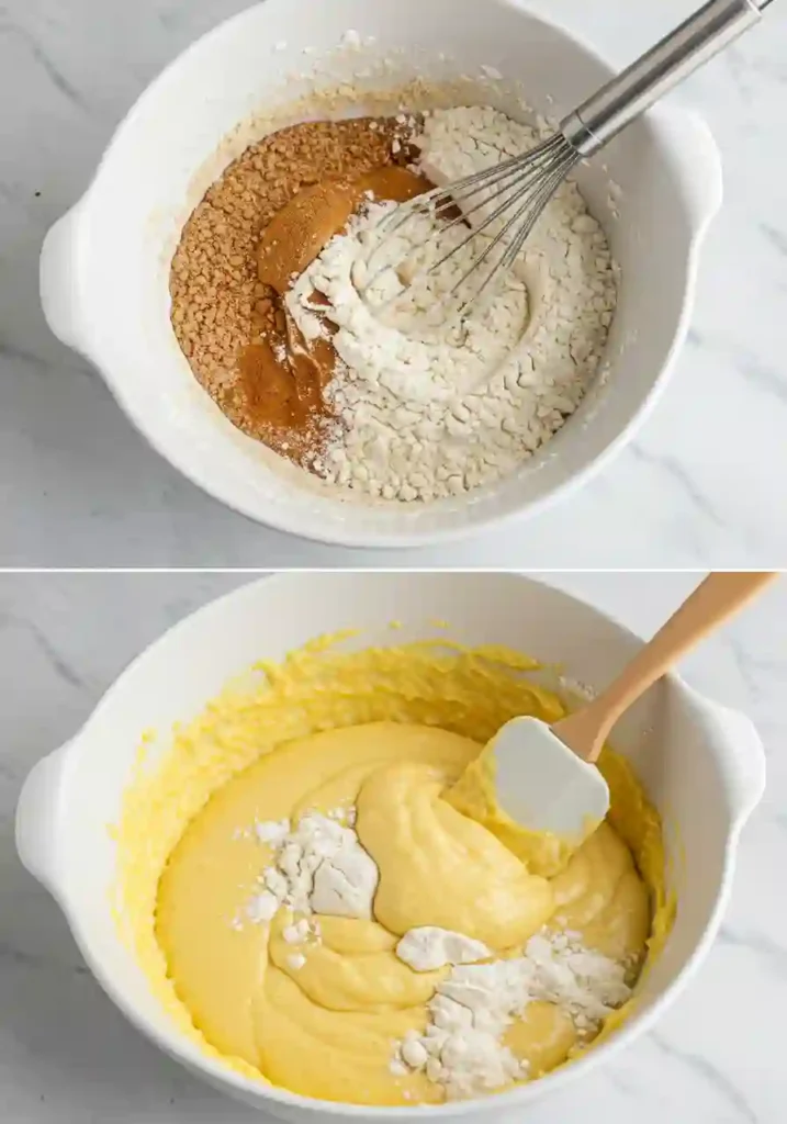 High-Protein cottage cheese banana muffins 4 A two-step process for making banana cottage cheese muffins: whisking dry ingredients in a bowl, then folding the wet batter into the dry mix with a spatula.