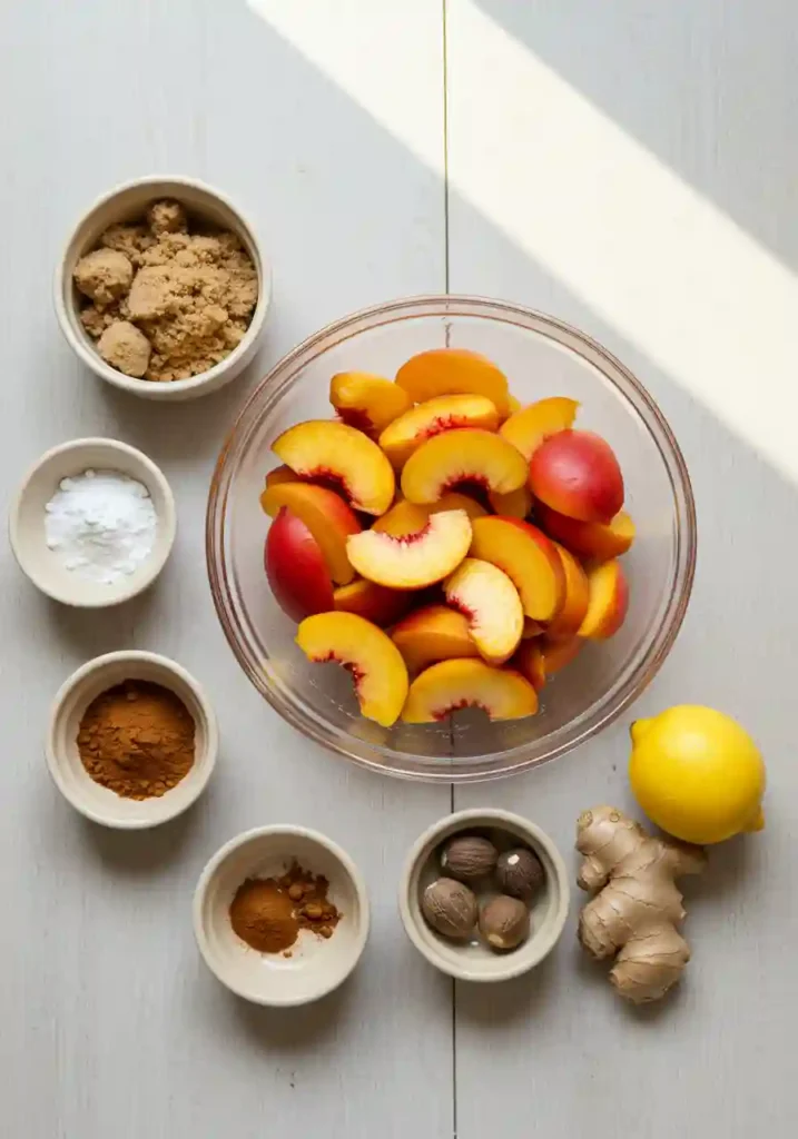 Grandma's Peach Cobbler Recipe 2 Ingredients for Grandma's peach cobbler recipe arranged on a wooden table, including a bowl of sliced peaches, brown sugar, and spices.