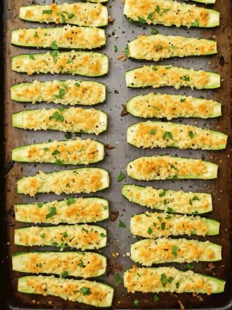 Perfect Baked Zucchini: The #1 Secret? 4 Golden Baked Zucchini spears fresh out of the oven on a baking sheet.