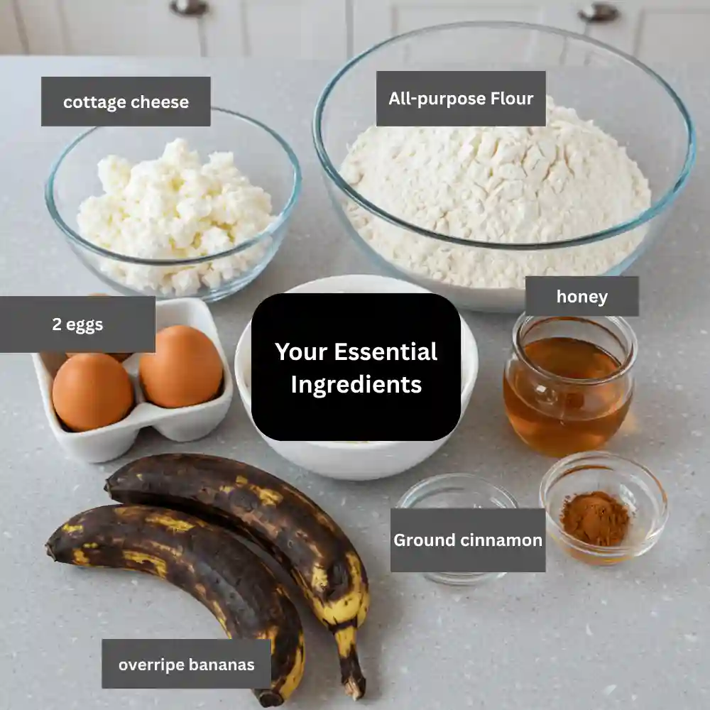 High-Protein cottage cheese banana muffins 2 Neatly arranged ingredients for cottage cheese banana muffins, including overripe bananas, flour, cottage cheese, eggs, honey, and cinnamon.