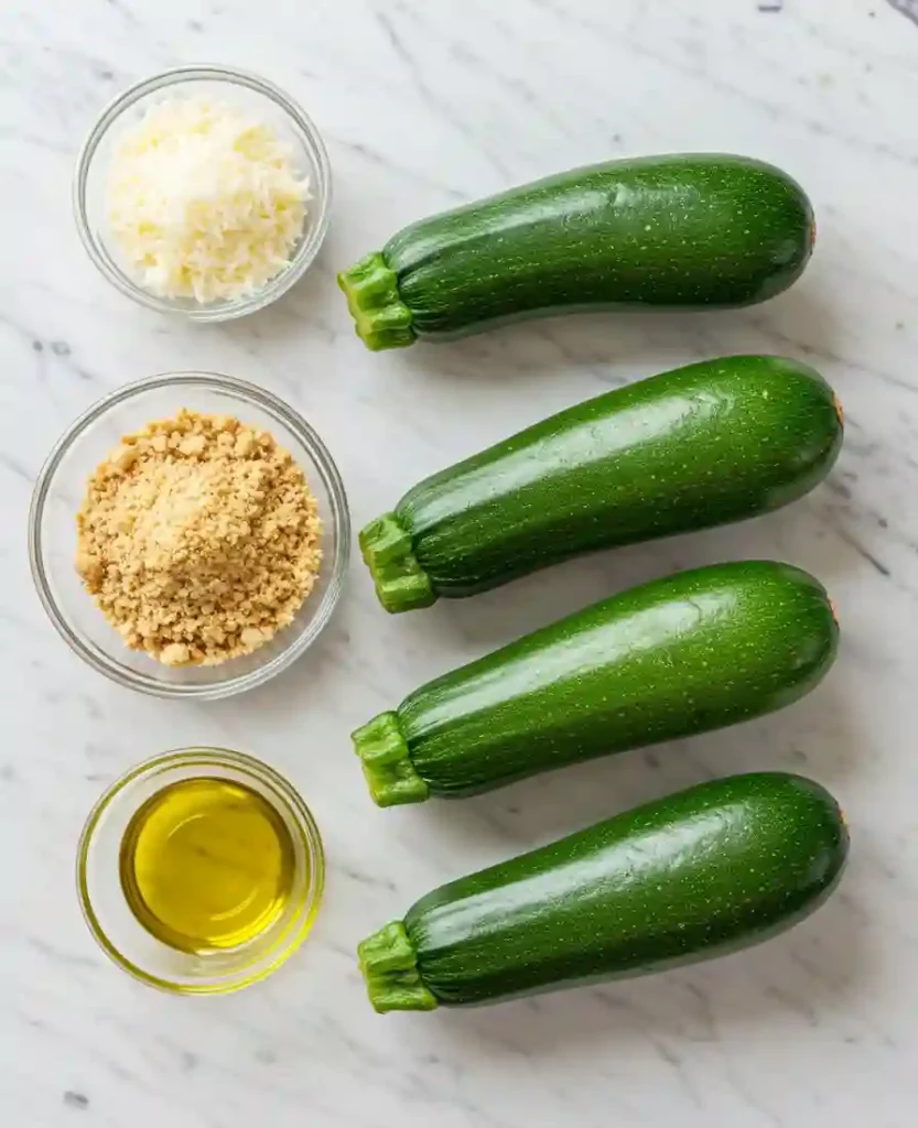 Perfect Baked Zucchini: The #1 Secret? 2 Fresh whole zucchinis alongside bowls of olive oil Parmesan cheese and panko breadcrumbs for Baked Zucchini.