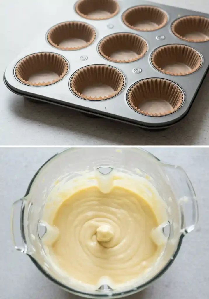 High-Protein cottage cheese banana muffins 3 A two-part image showing how to make cottage cheese banana muffins: preparing a muffin tray and blending the wet ingredients until smooth.