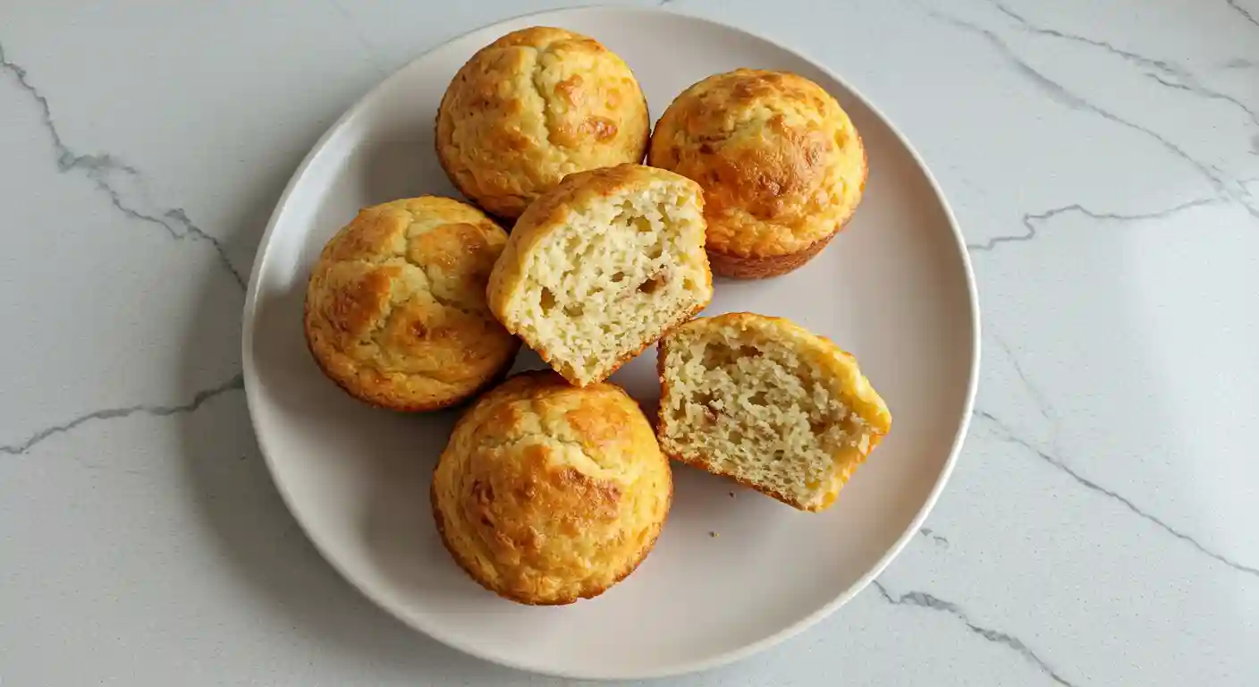 High-Protein cottage cheese banana muffins 7 A white plate holds three golden-brown cottage cheese banana muffins, with one sliced in half to show its soft, moist crumb.
