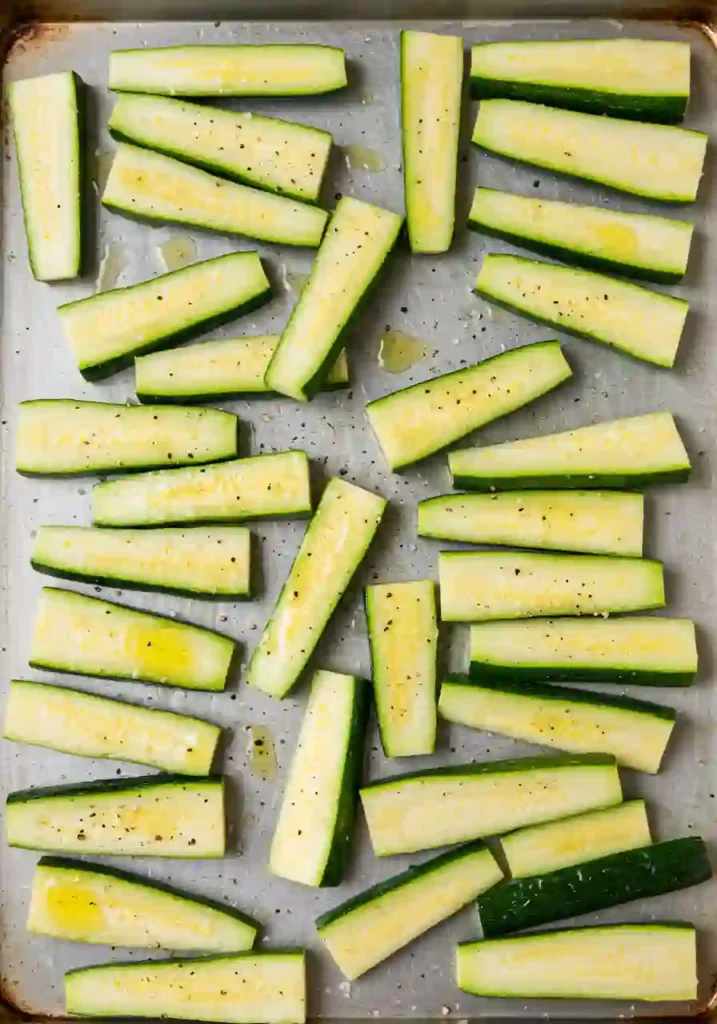 Perfect Baked Zucchini: The #1 Secret? 3 Zucchini spears lined up on a baking tray ready for the baking.