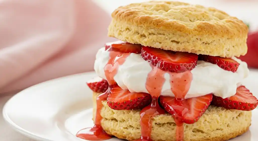 Easy Homemade Strawberry Shortcake 5 A homemade strawberry shortcake stacked high with tender biscuits, juicy sliced strawberries, and fresh whipped cream.