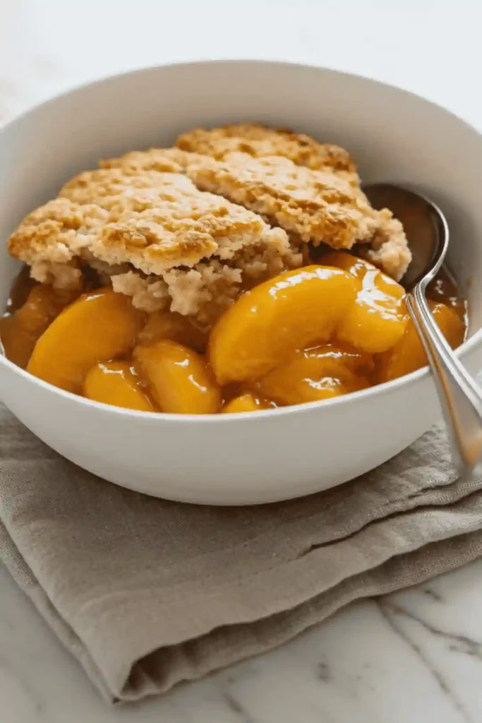 The Secret to Perfect Peach Cobbler Is Answering These 20 Questions 4 A delicious peach cobbler with a wonderfully crisp and golden-brown crust, made using a simple shortcut recipe with cake mix.
