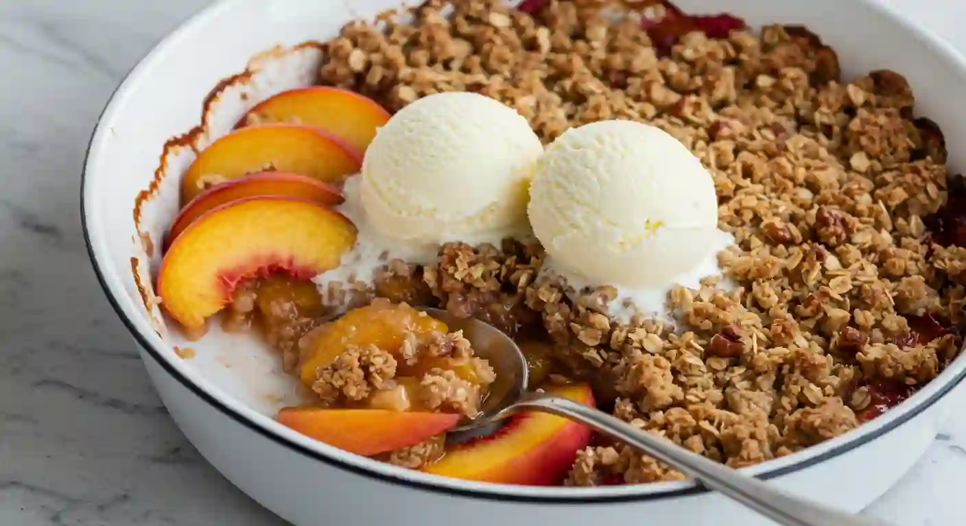 Easy Peach Crisp: A Simplified Recipe 2 Peach crisp in a baking dish topped with melting vanilla ice cream.