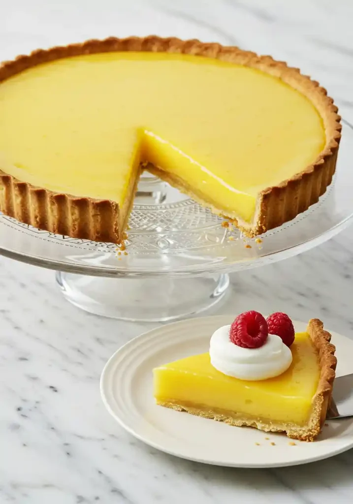 My Best Lemon Tart Recipe 5 A whole, glossy lemon tart on a glass cake stand, with one slice cut and garnished with whipped cream and fresh raspberries.