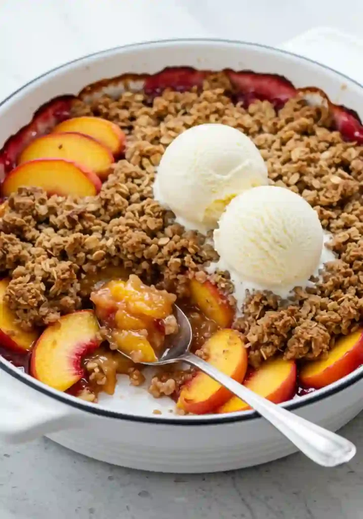 Easy Peach Crisp: A Simplified Recipe 5 Scoop taken from easy peach crisp with vanilla ice cream beside it.