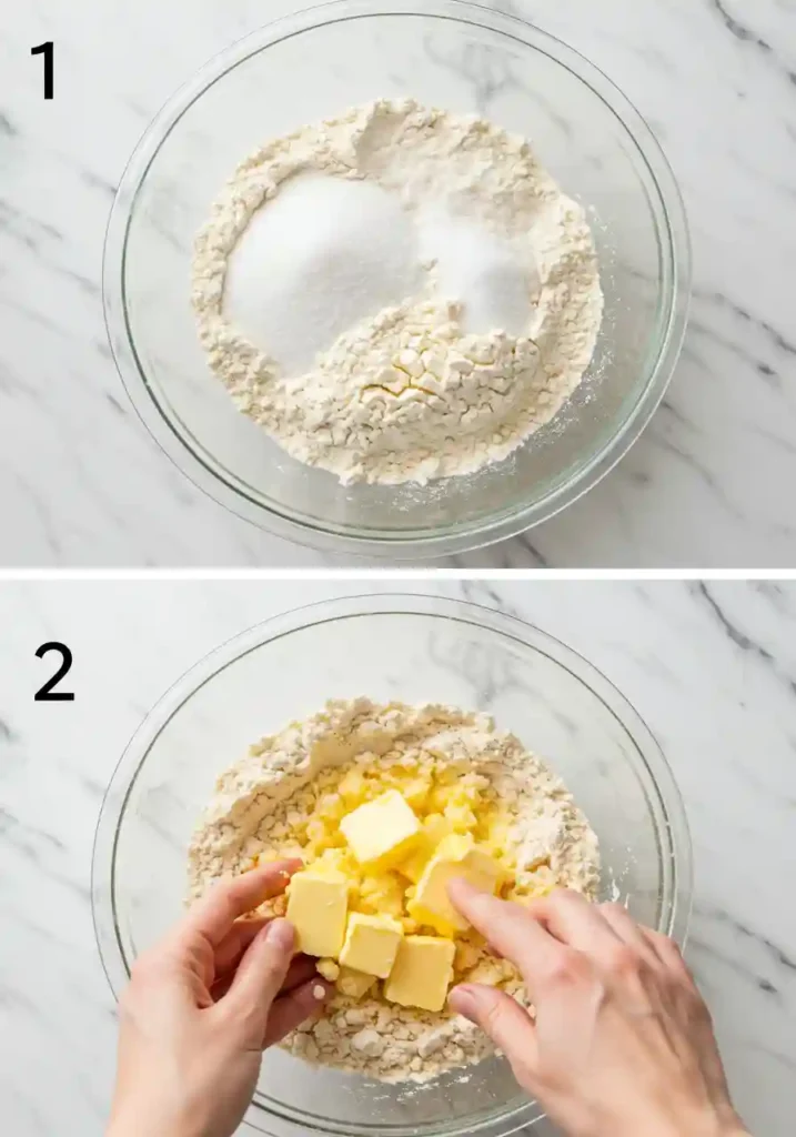 My Best Lemon Tart Recipe 3 Two-step process of making a tart crust: combining flour and sugar in a bowl, then rubbing in cold butter cubes to create a crumbly mixture.
