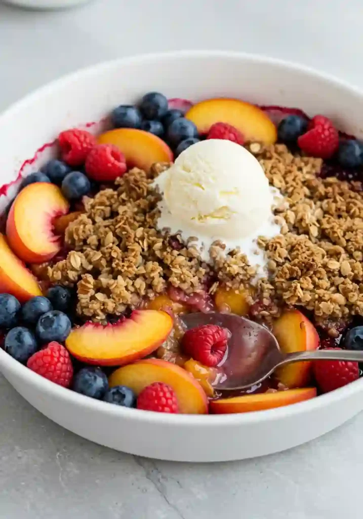 Easy Peach Crisp: A Simplified Recipe 4 Peach and mixed berry crisp in a white bowl, topped with a scoop of melting vanilla ice cream.