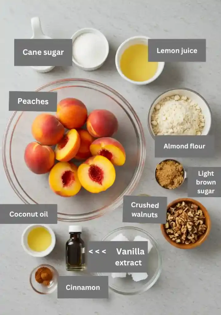Easy Peach Crisp: A Simplified Recipe 3 Ingredients for easy peach crisp including sliced peaches, almond flour, and spices.