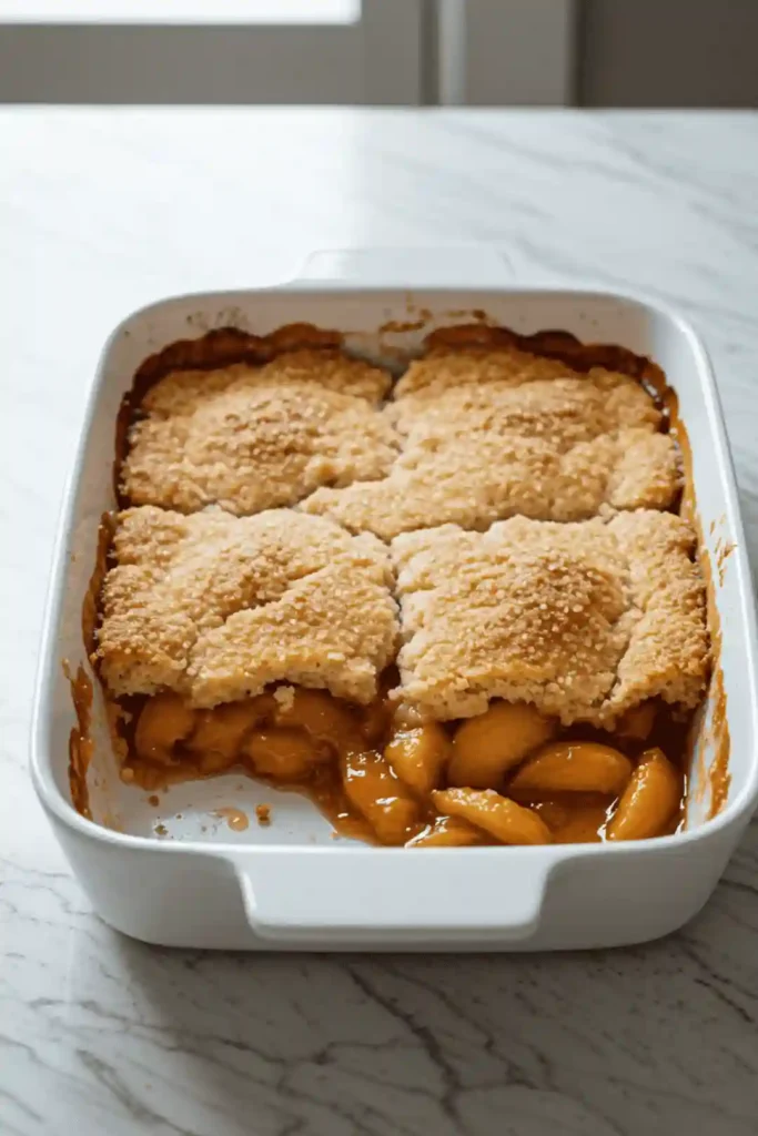 The Secret to Perfect Peach Cobbler Is Answering These 20 Questions 2 A golden-brown peach cobbler fresh from the oven in a glass baking dish, showing the bubbly fruit filling and tender biscuit topping.