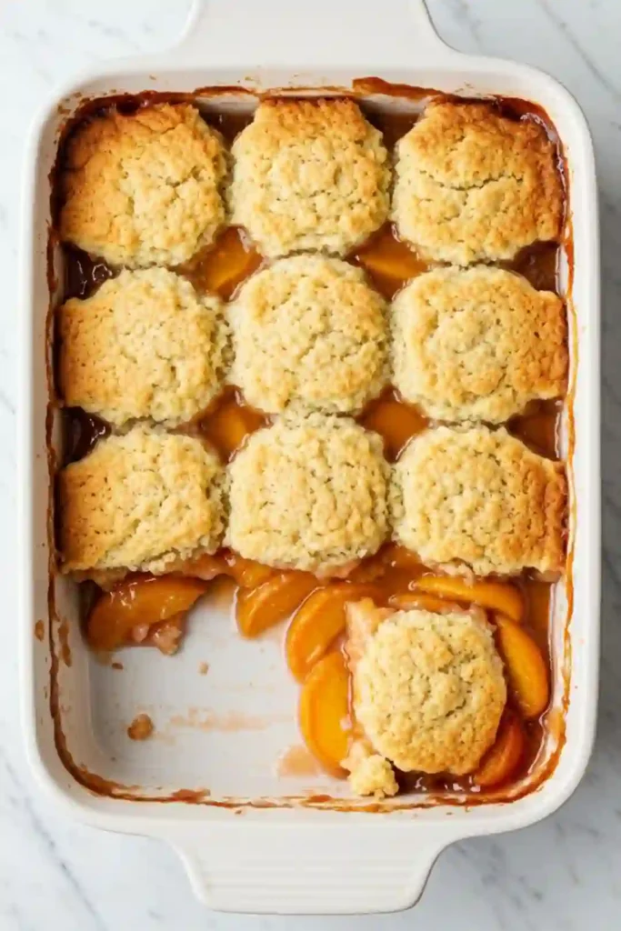 The Secret to Perfect Peach Cobbler Is Answering These 20 Questions 5 A single portion of perfectly stored and reheated peach cobbler served in a white bowl, with warm, set filling and a crisp biscuit crust.
