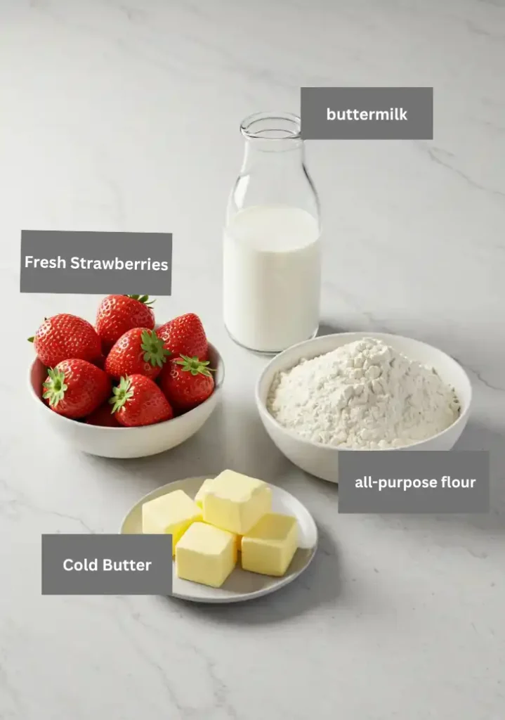 Easy Homemade Strawberry Shortcake 2 Key ingredients for strawberry shortcake including fresh strawberries, all-purpose flour, cold butter, and buttermilk.