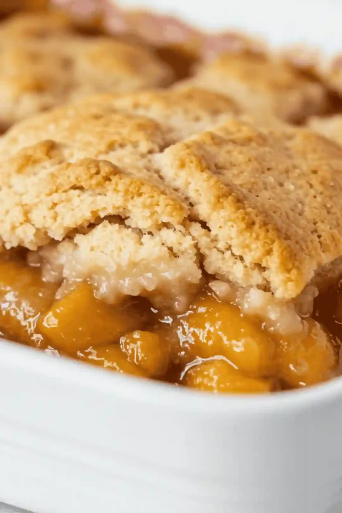 The Secret to Perfect Peach Cobbler Is Answering These 20 Questions 3 A close-up of a Southern-style peach cobbler highlighting its rich, syrupy filling and a buttery, cake-like topping baked into the fruit.