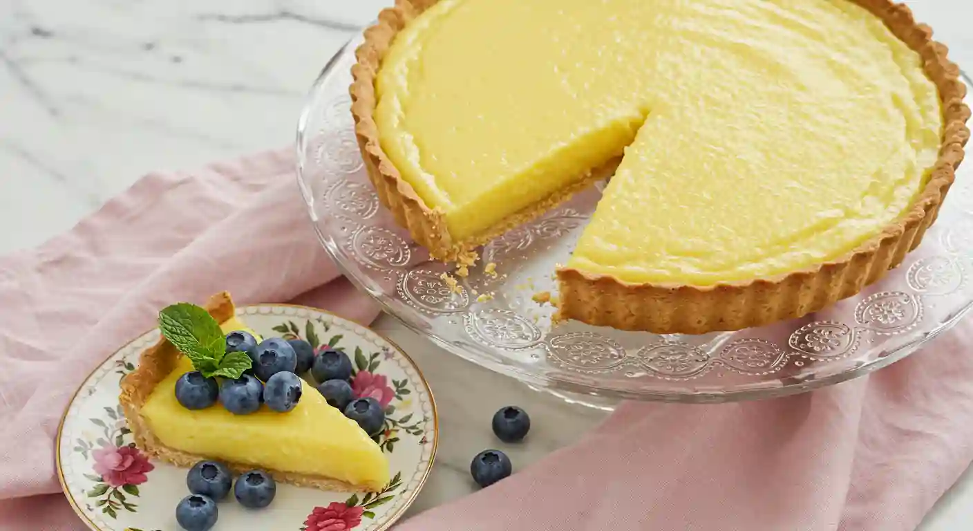 My Best Lemon Tart Recipe 6 A perfect slice of homemade lemon tart on a white plate, showing the thick yellow curd filling and buttery crust, with a dusting of powdered sugar.
