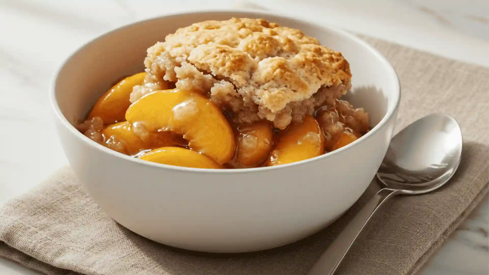 A homemade peach cobbler baked in a white ceramic dish, featuring a golden brown biscuit crust covering a bubbly, sweet peach filling.