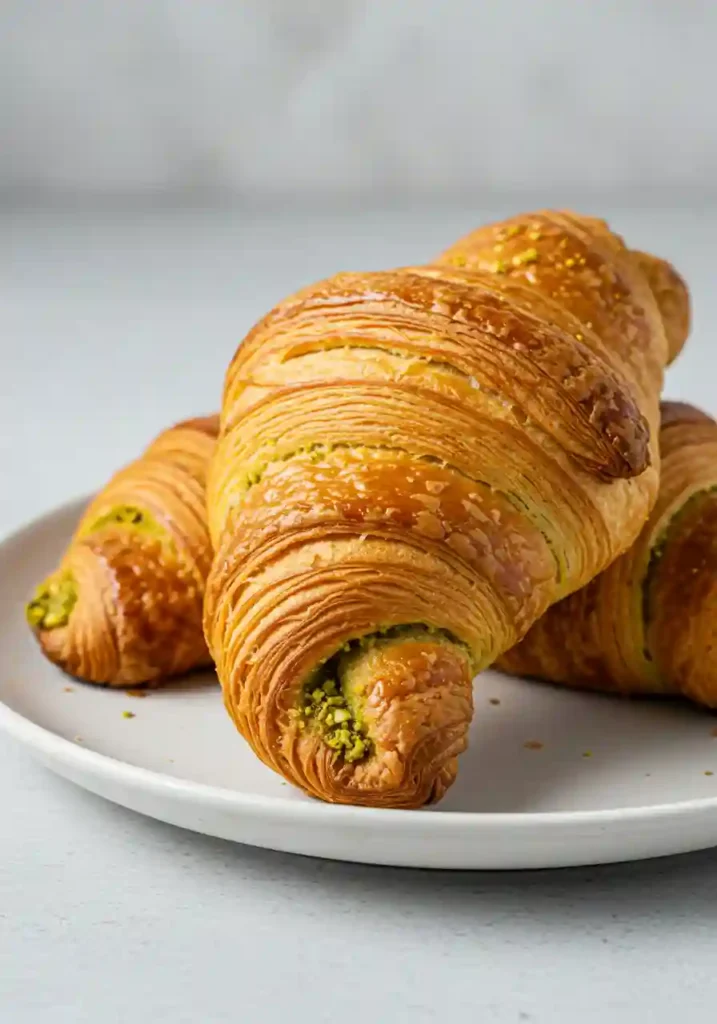Make 5 Perfect Pistachio Croissants? 2 freshly baked homemade pistachio croissants on a white ceramic plate.