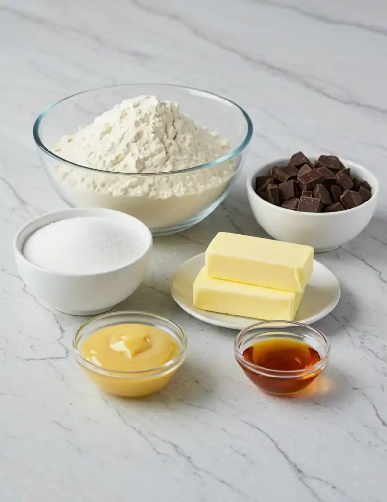 Mary Berry Millionaire Shortbread: A Classic Easy Recipe 2 Ingredients for Mary Berry Millionaire Shortbread arranged on a countertop, including a bowl of flour, bowls of sugar and chocolate, butter, condensed milk, and golden syrup.