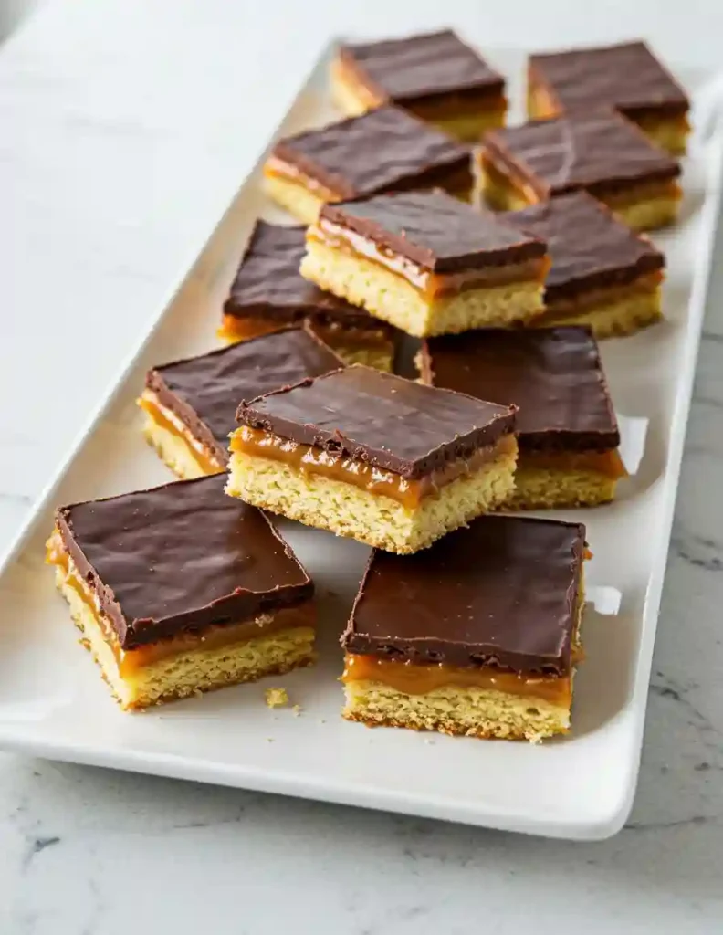 Mary Berry Millionaire Shortbread: A Classic Easy Recipe 3 A row of neatly cut Mary Berry Millionaire Shortbread squares on a rectangular white platter, with a clear view of the shortbread, caramel, and chocolate layers.