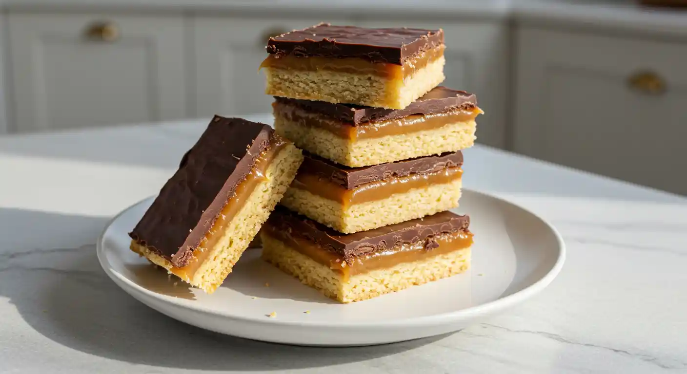 Mary Berry Millionaire Shortbread: A Classic Easy Recipe 4 A stack of three Mary Berry Millionaire Shortbread squares on a white plate, showing the golden shortbread base, thick caramel layer, and glossy dark chocolate top.