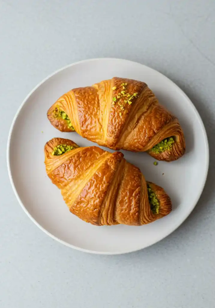 Make 5 Perfect Pistachio Croissants? 3 golden homemade pistachio croissants with visible green filling on a white plate.